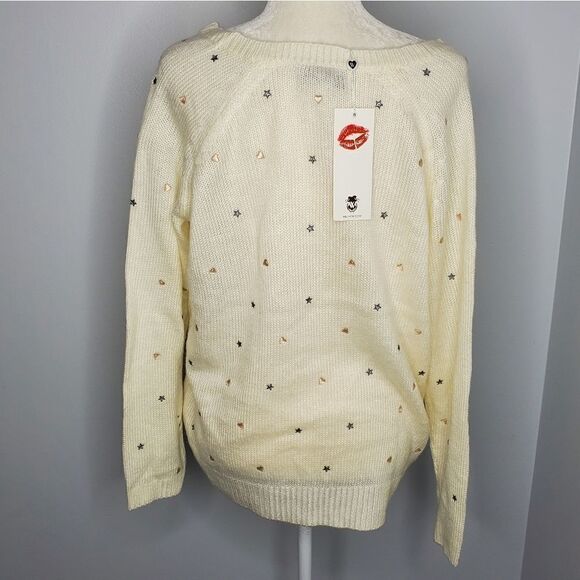 NEW WILDFOX ivory sweater cream star & heart v-neck oversized sample S - Picture 4 of 8